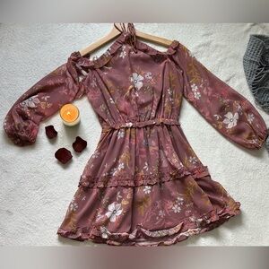 Tulerosa Floral Long Sleeve Dress in Mauve